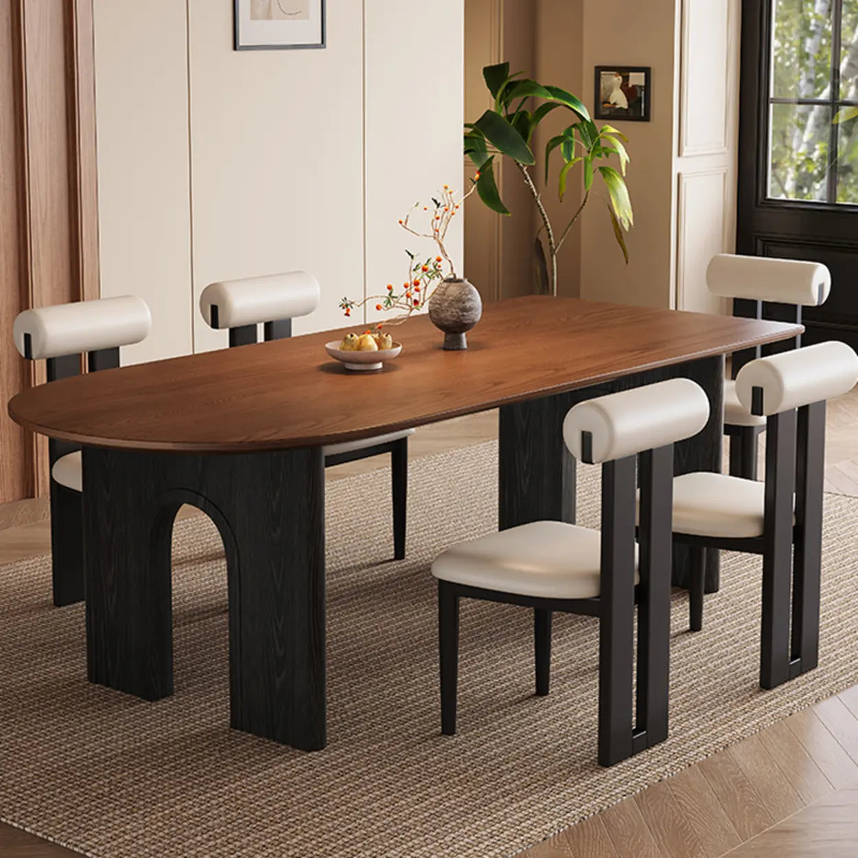Mid-Century Brown Wood Peninsula Dining Table — Table Only