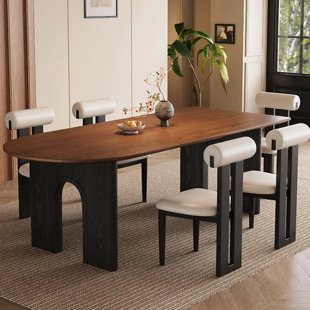 Mid-Century Brown Wood Peninsula Dining Table — Table Only