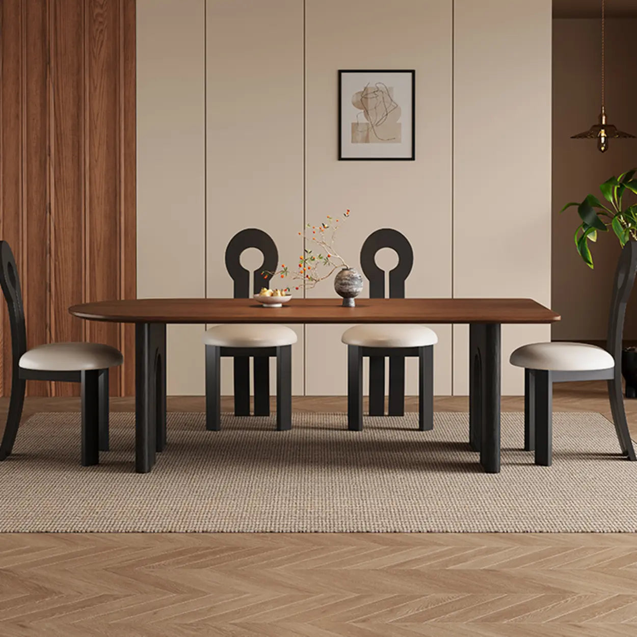Mid-Century Brown Wood Peninsula Dining Table — Table Only