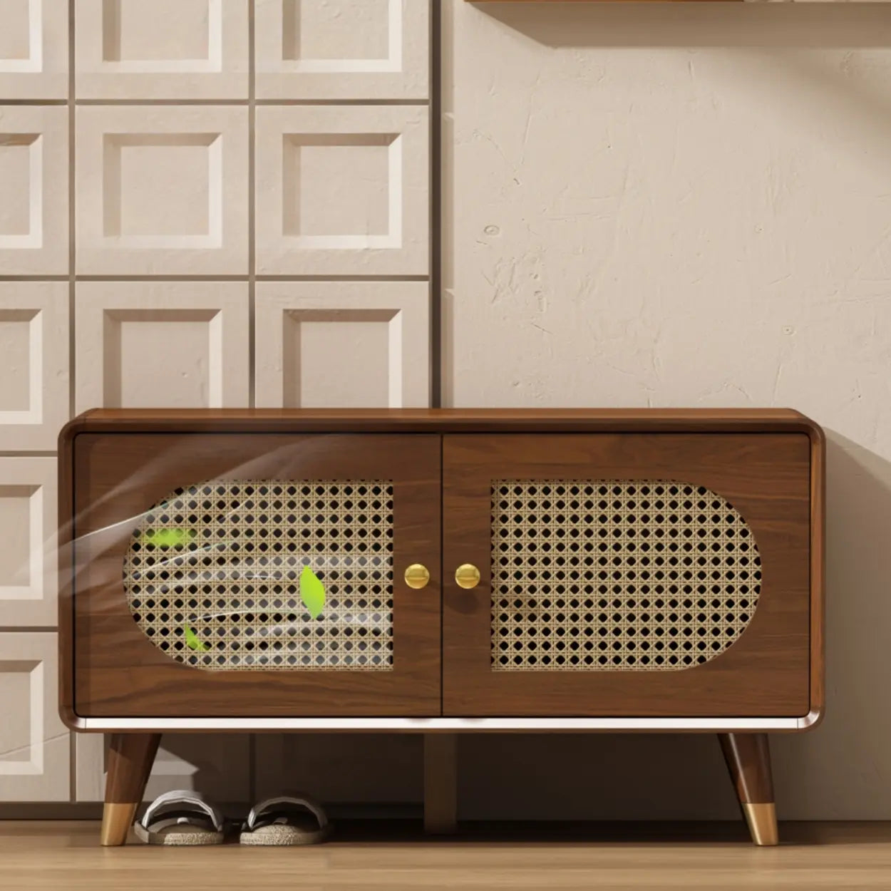 Mid-Century Rattan and Wood Storage Cabinet