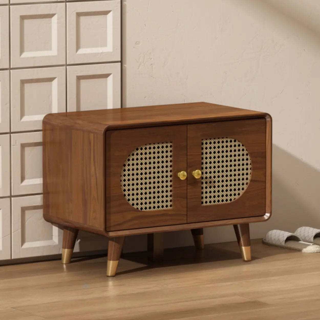 Mid-Century Rattan and Wood Storage Cabinet