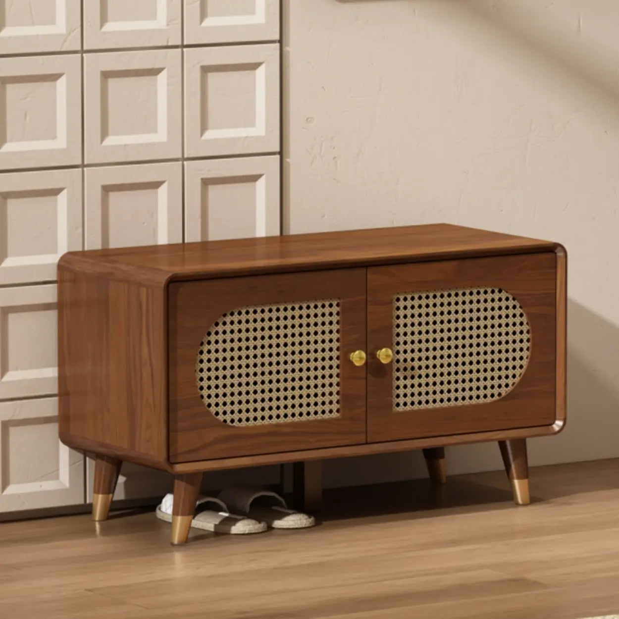 Mid-Century Rattan and Wood Storage Cabinet