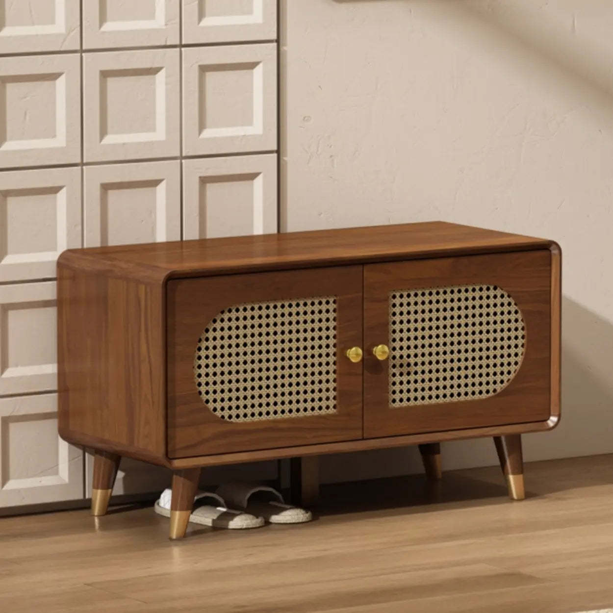 Mid-Century Rattan and Wood Storage Cabinet