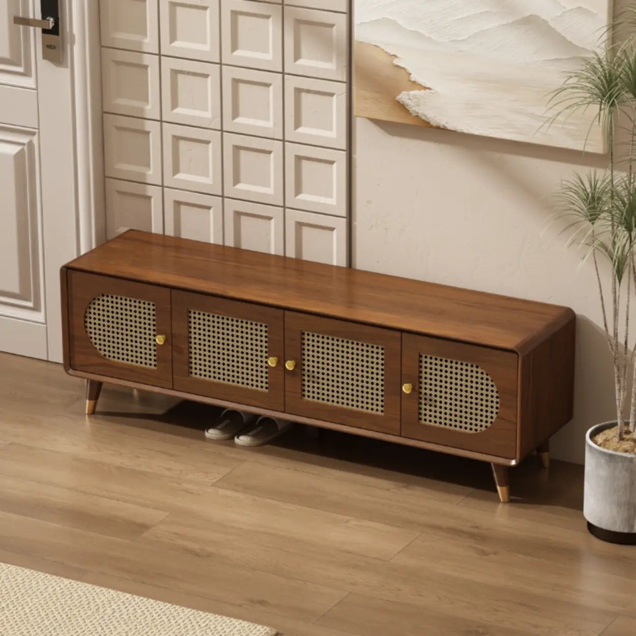 Mid-Century Rattan and Wood Storage Cabinet