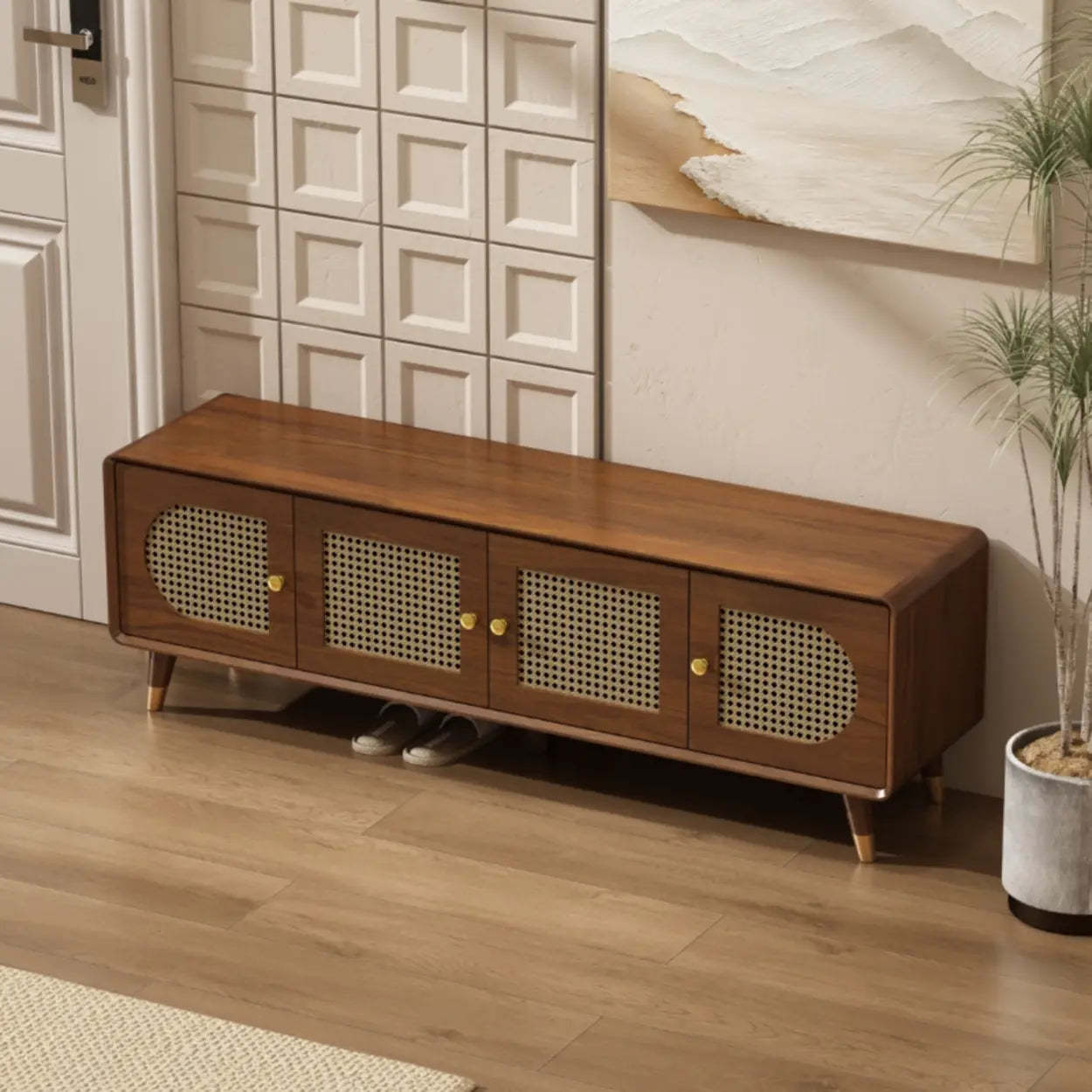 Mid-Century Rattan and Wood Storage Cabinet