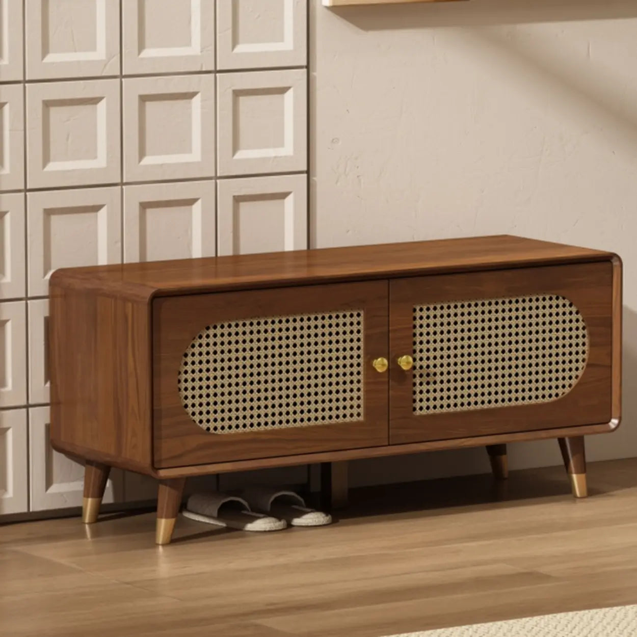 Mid-Century Rattan and Wood Storage Cabinet