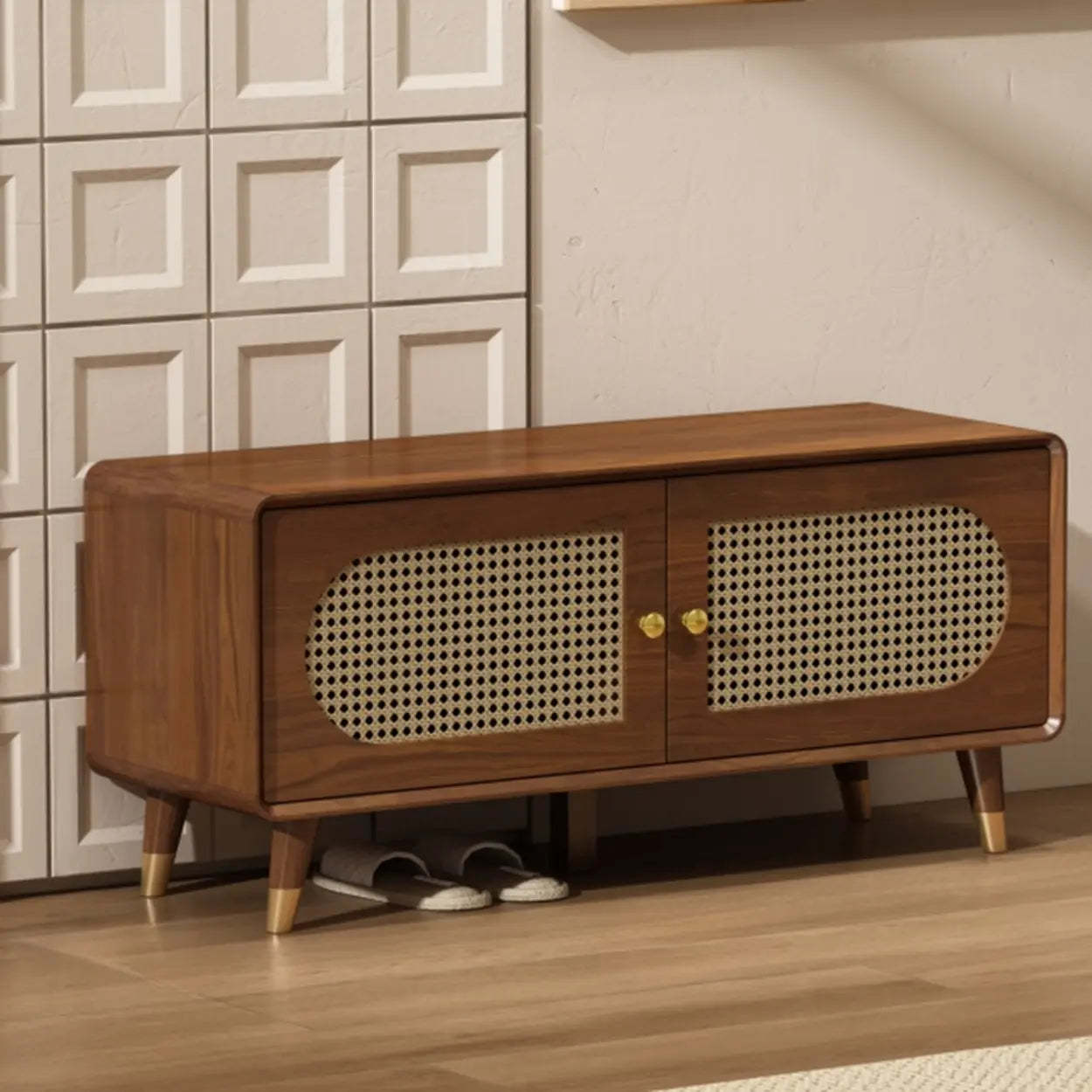Mid-Century Rattan and Wood Storage Cabinet