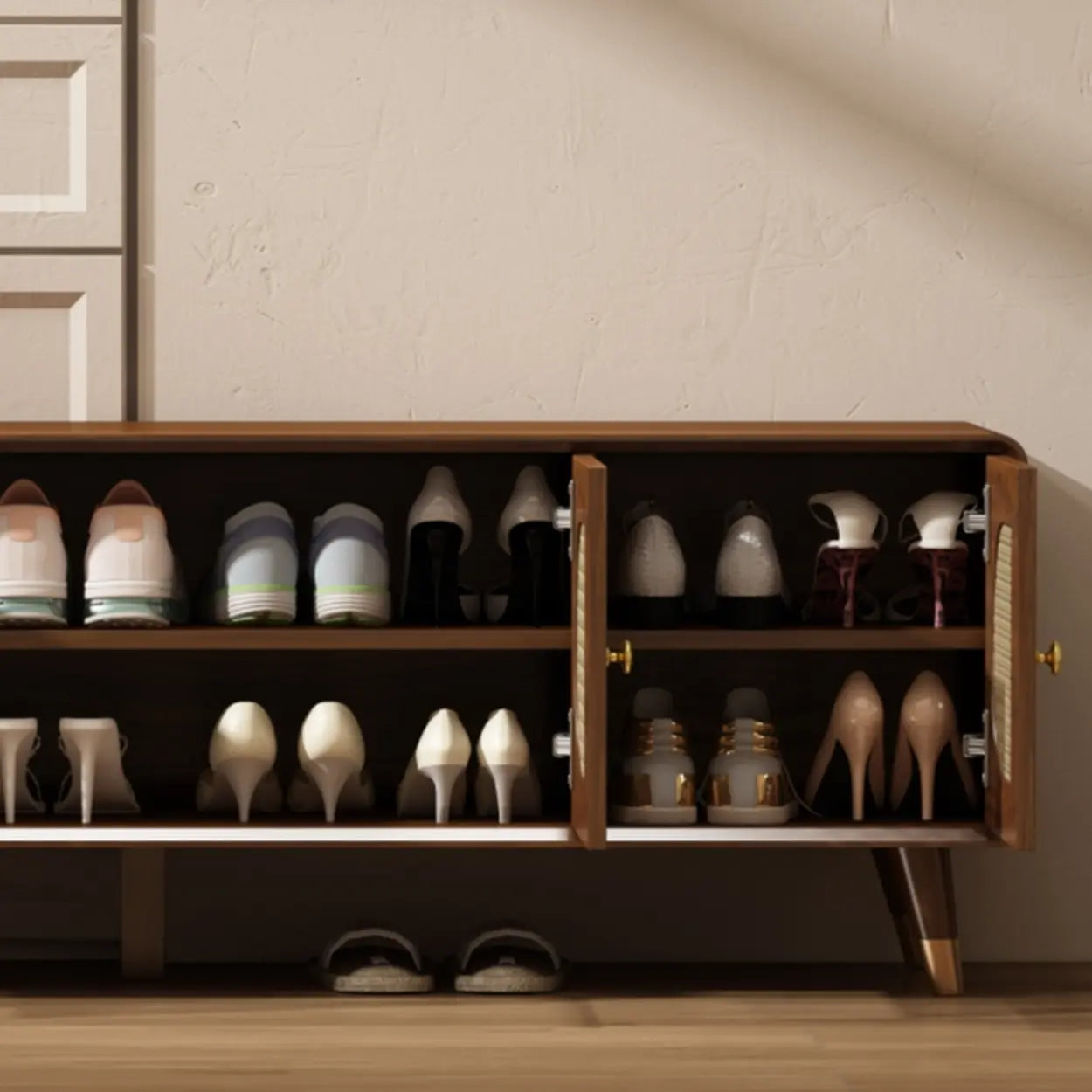 Mid-Century Rattan and Wood Storage Cabinet