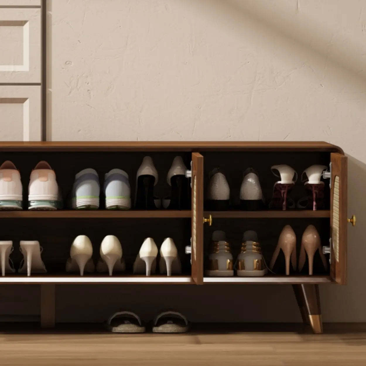 Mid-Century Rattan and Wood Storage Cabinet