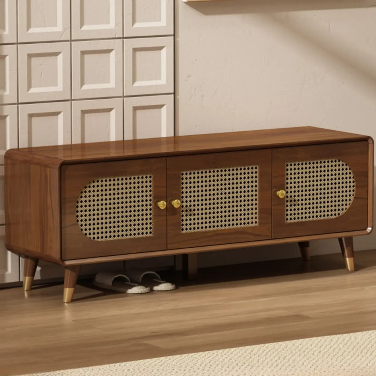 Mid-Century Rattan and Wood Storage Cabinet