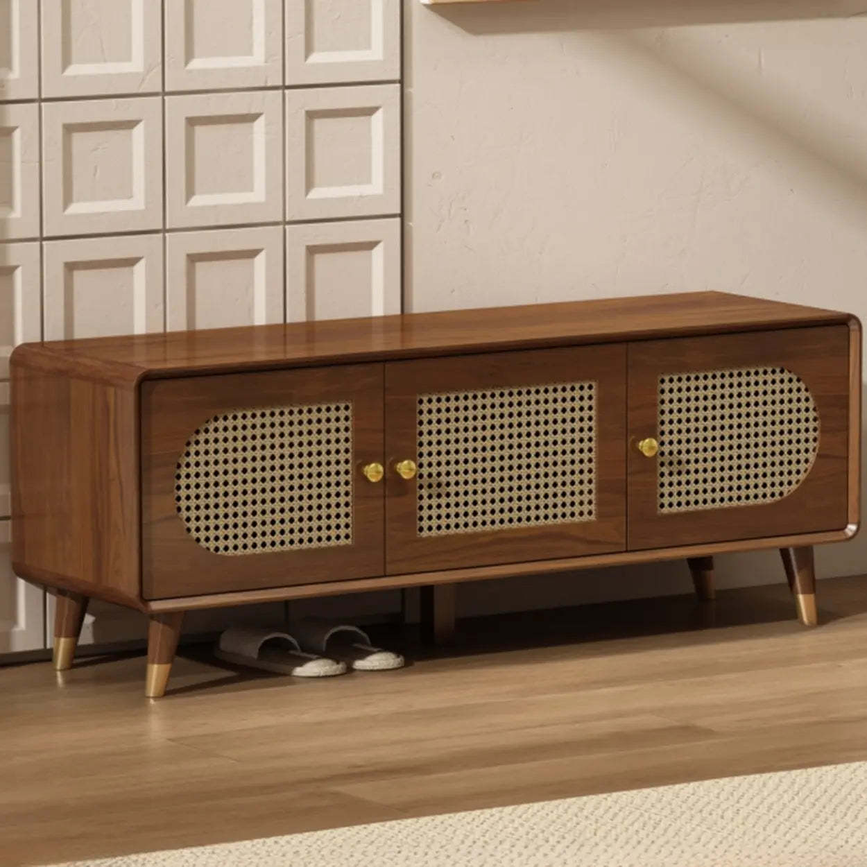 Mid-Century Rattan and Wood Storage Cabinet