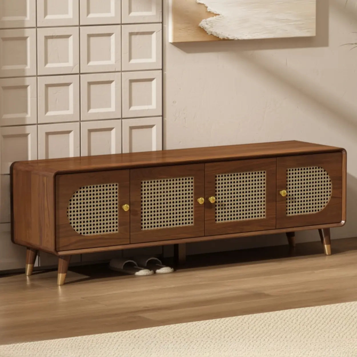 Mid-Century Rattan and Wood Storage Cabinet