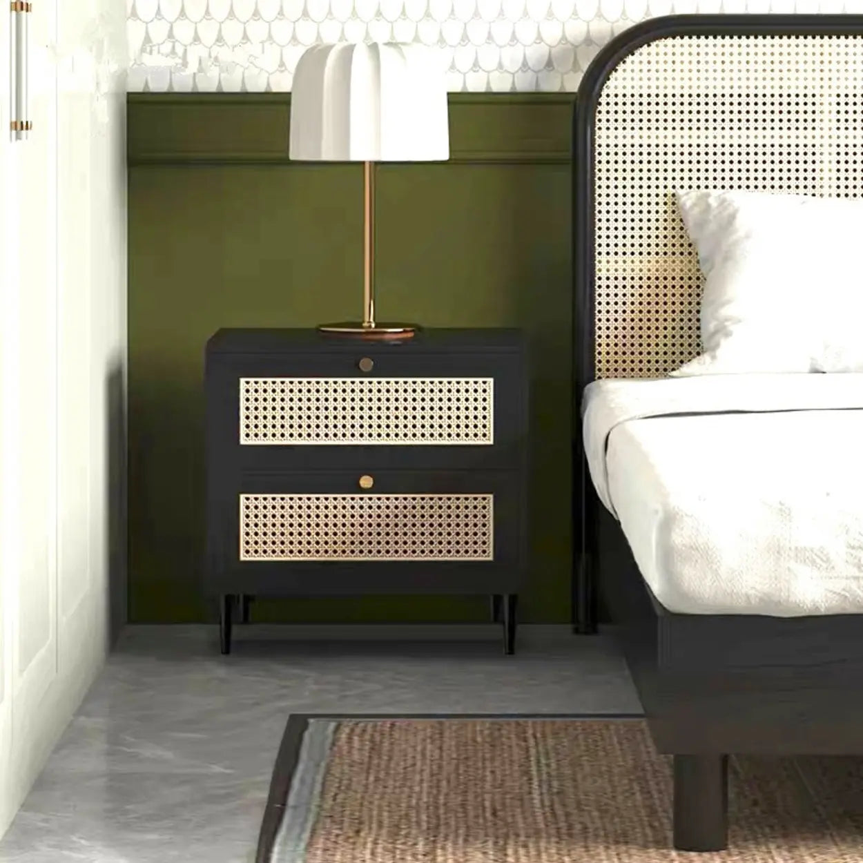 Mid-Century Rattan Black 2-Drawer Nightstand