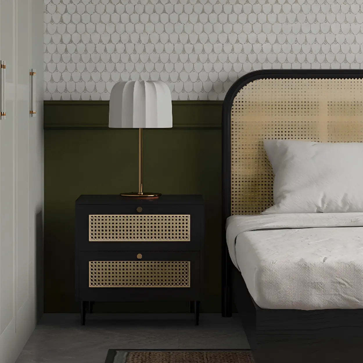 Mid-Century Rattan Black 2-Drawer Nightstand