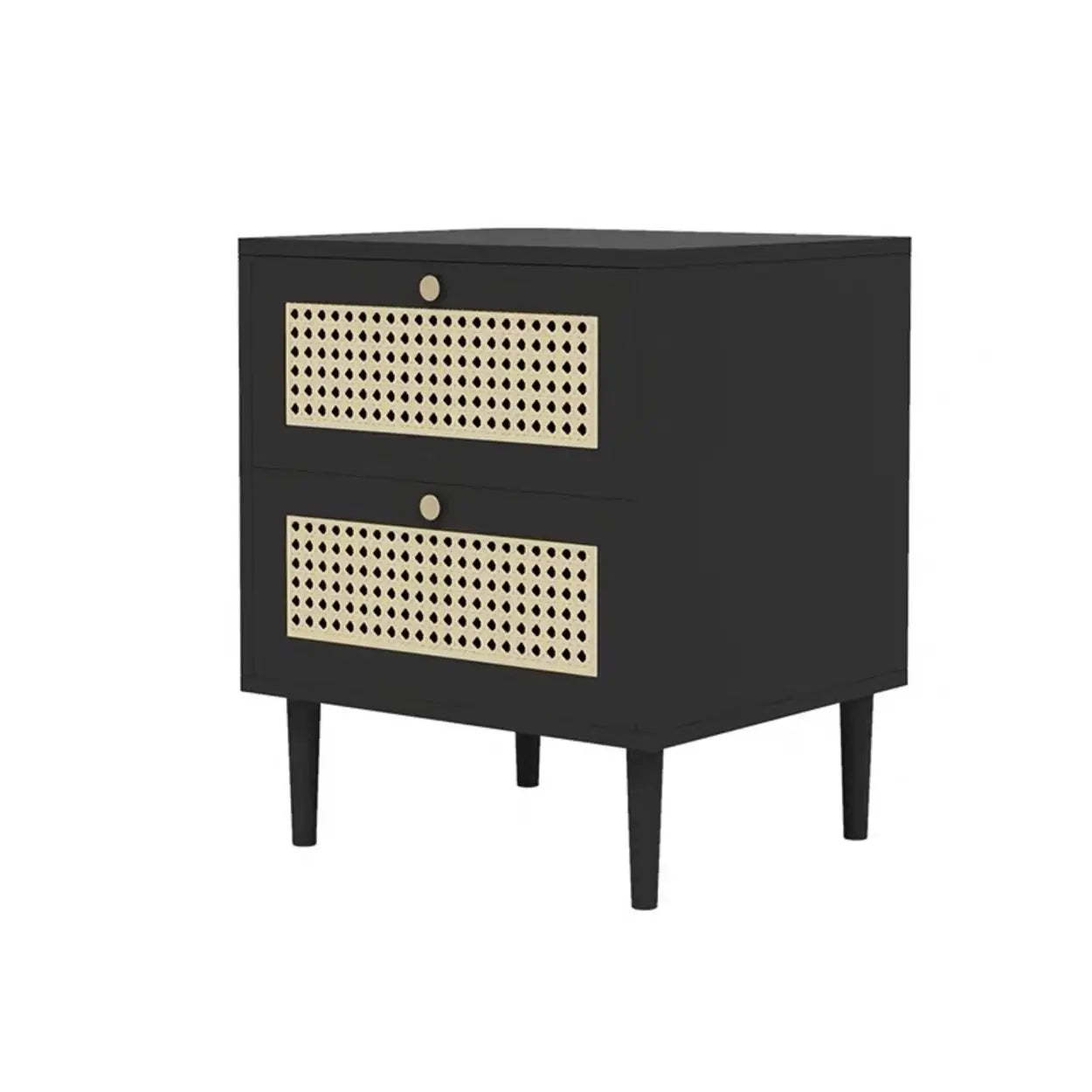Mid-Century Rattan Black 2-Drawer Nightstand