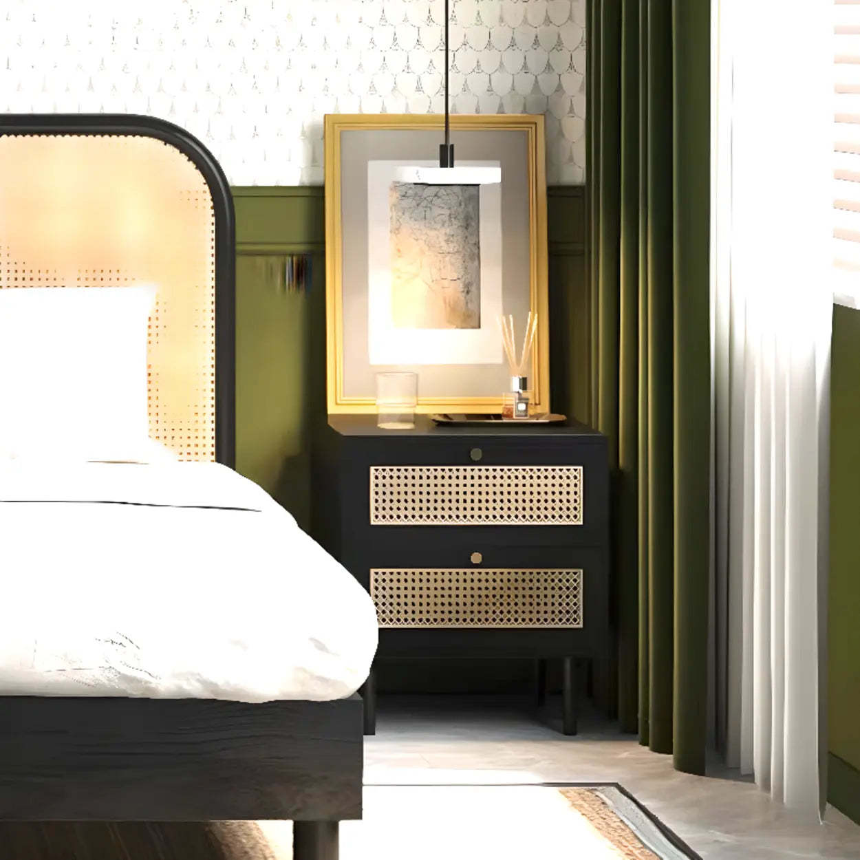 Mid-Century Rattan Black 2-Drawer Nightstand