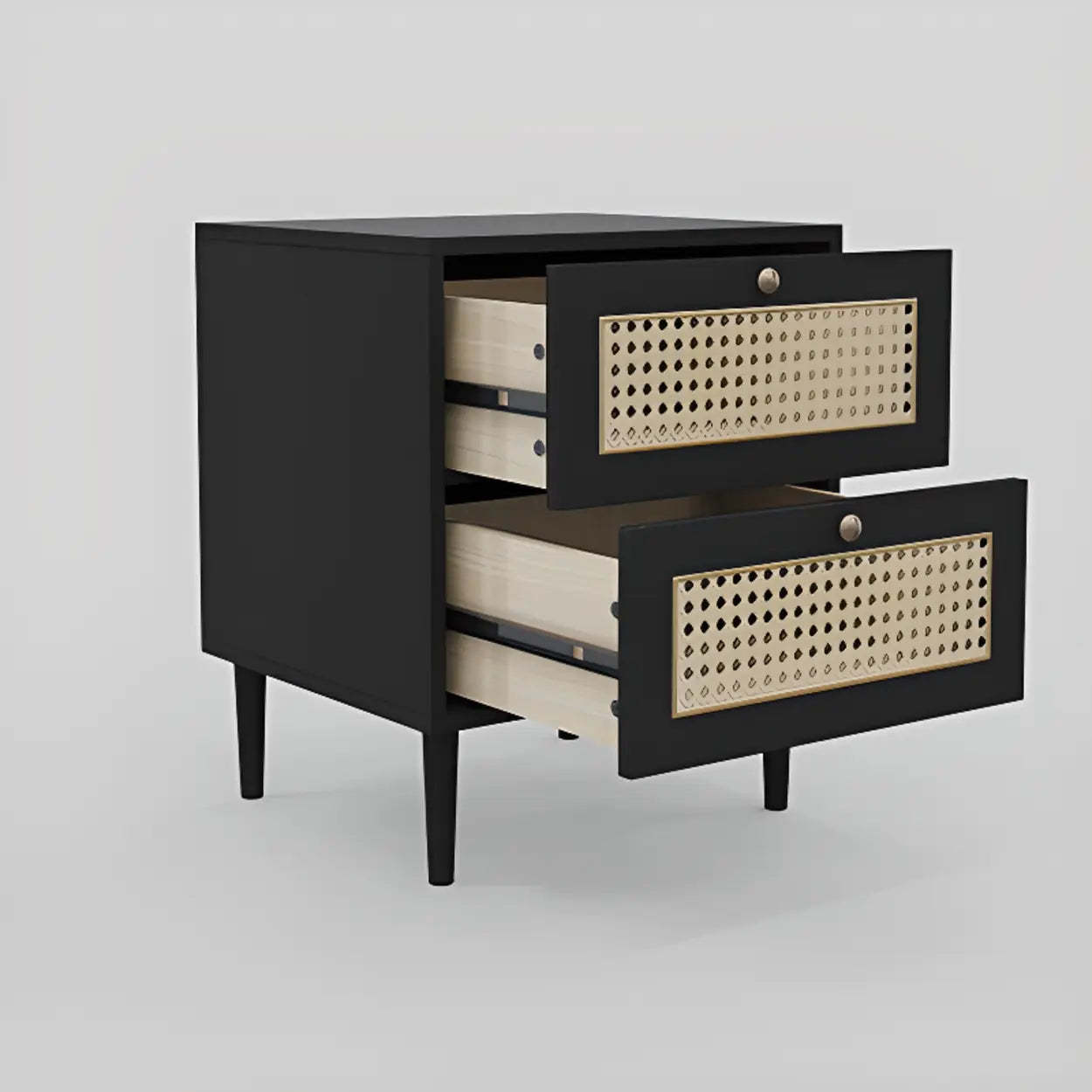 Mid-Century Rattan Black 2-Drawer Nightstand