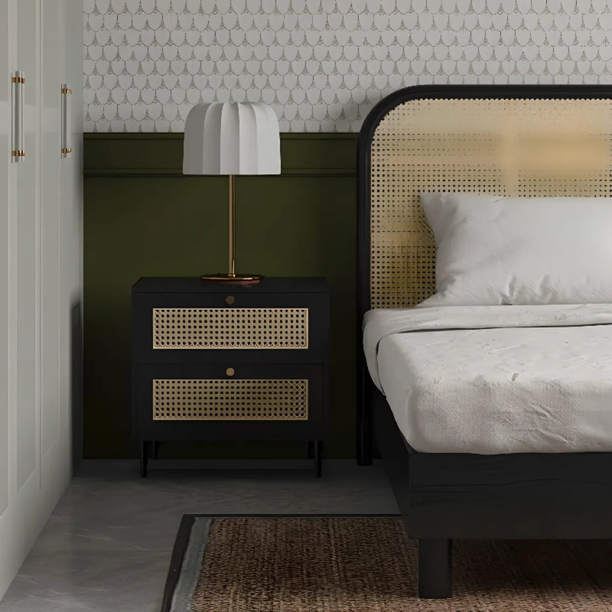 Mid-Century Rattan Black 2-Drawer Nightstand