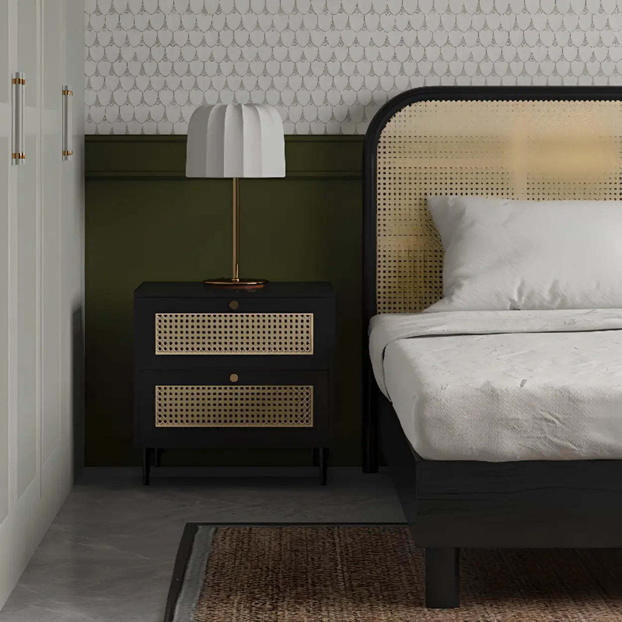 Mid-Century Rattan Black 2-Drawer Nightstand