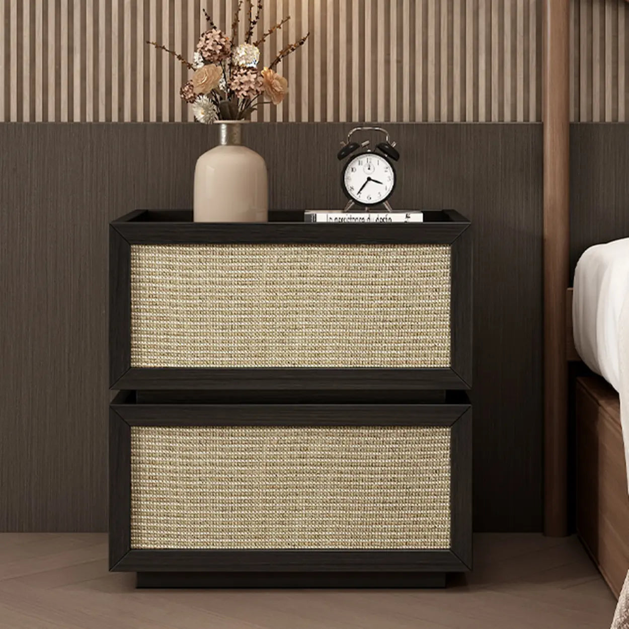 Mid-Century Rattan Black Wood Nightstand with Drawers