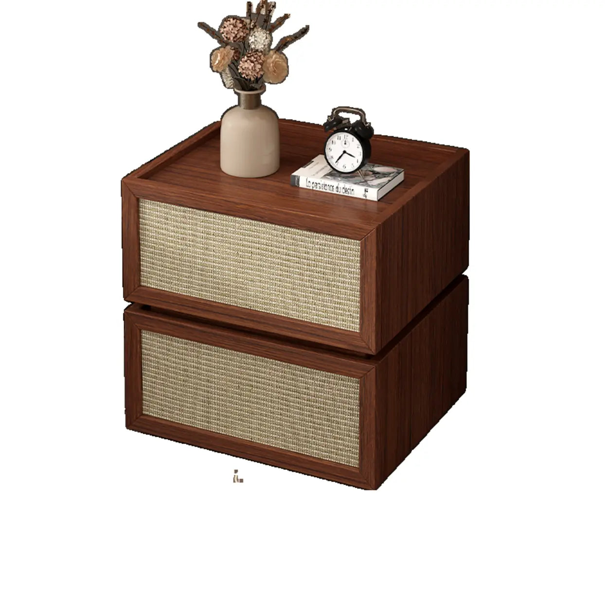 Mid-Century Rattan Black Wood Nightstand with Drawers — Natural Finish