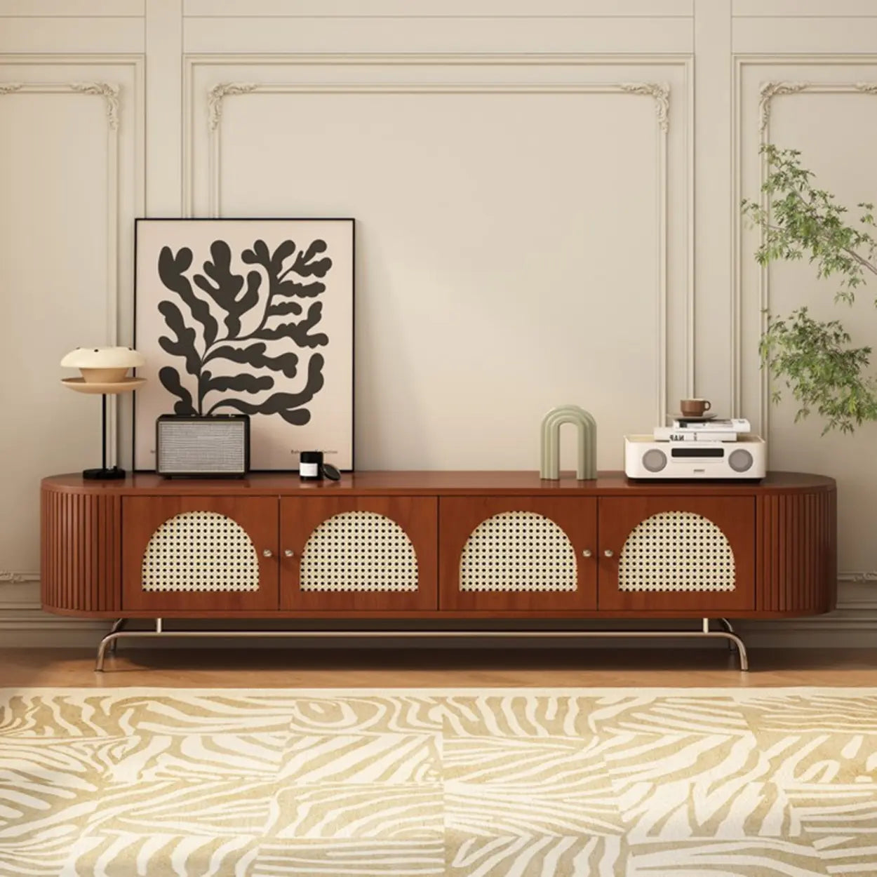 Mid-Century Rattan TV Stand with Storage