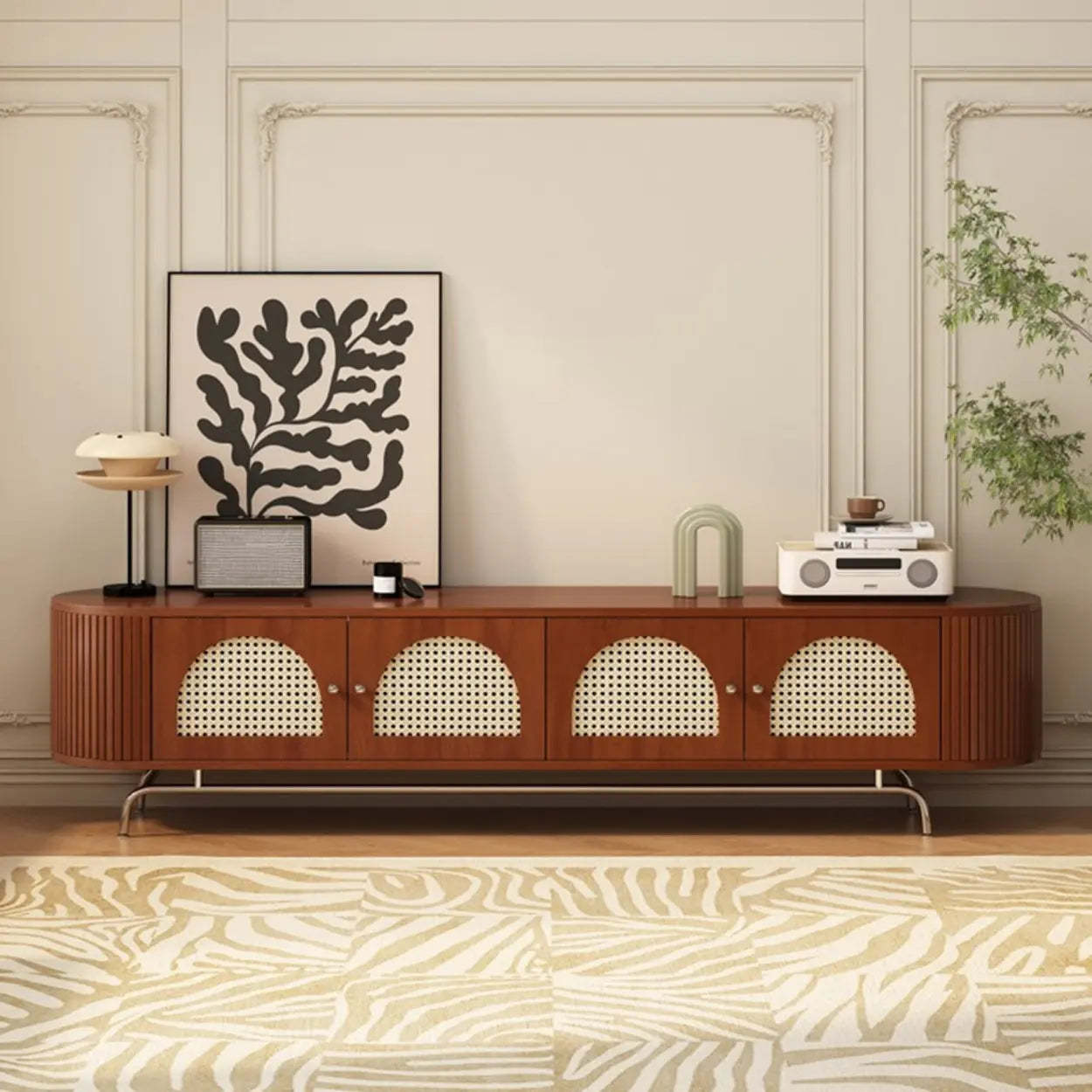 Mid-Century Rattan TV Stand with Storage — Black