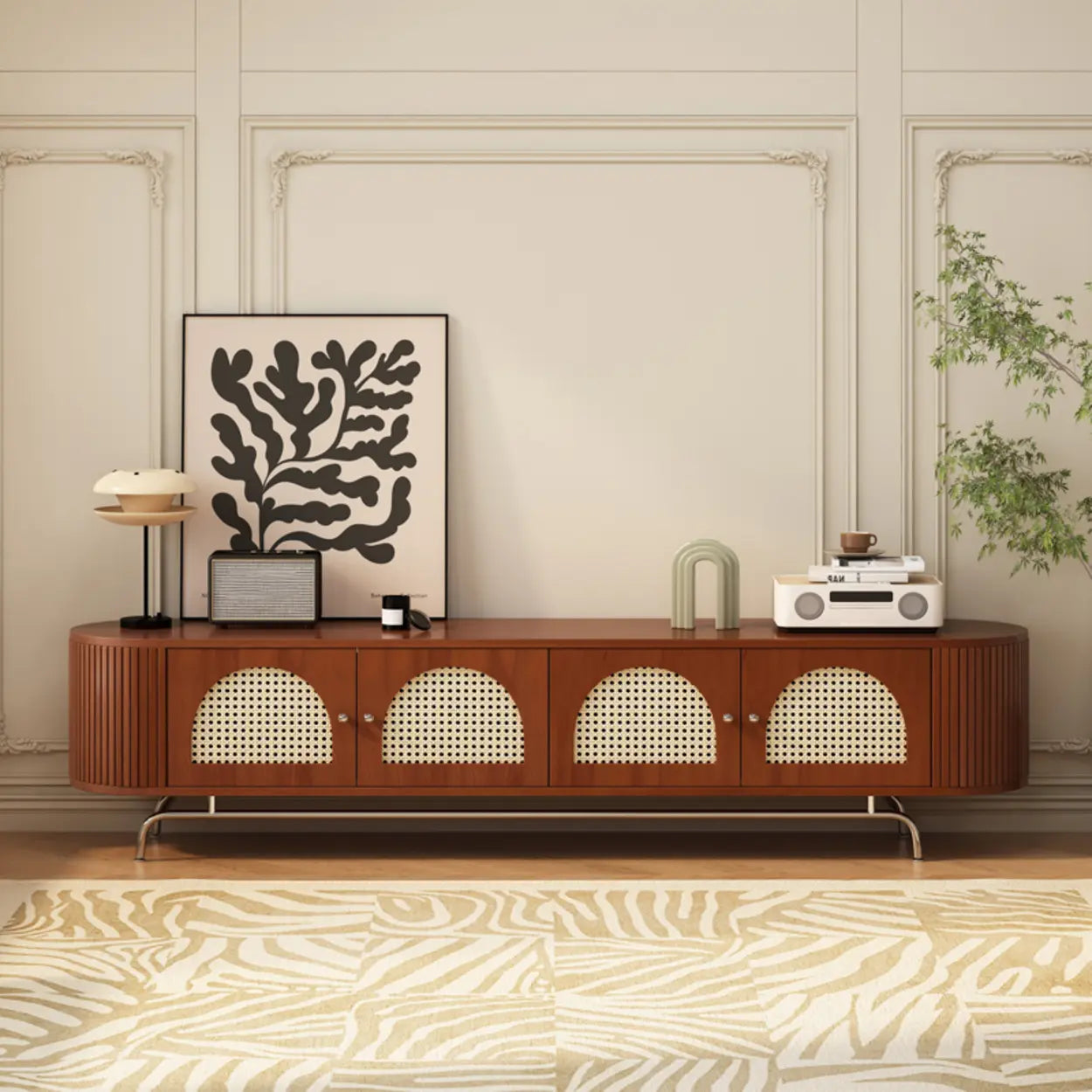 Mid-Century Rattan TV Stand with Storage — Brown