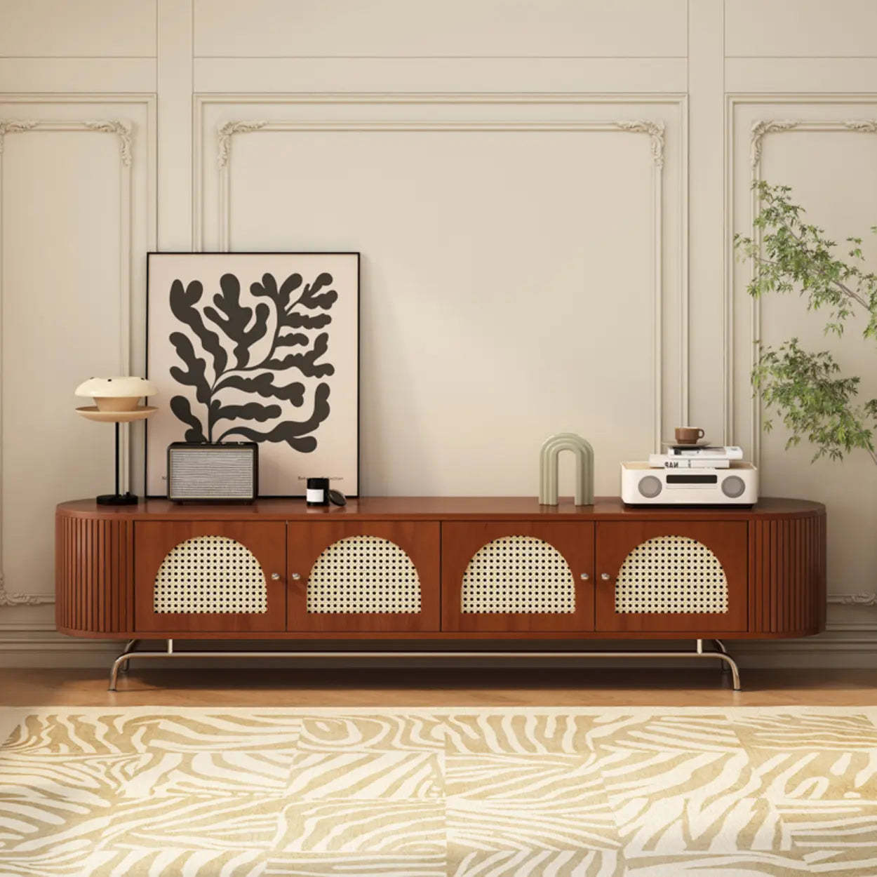 Mid-Century Rattan TV Stand with Storage — Brown