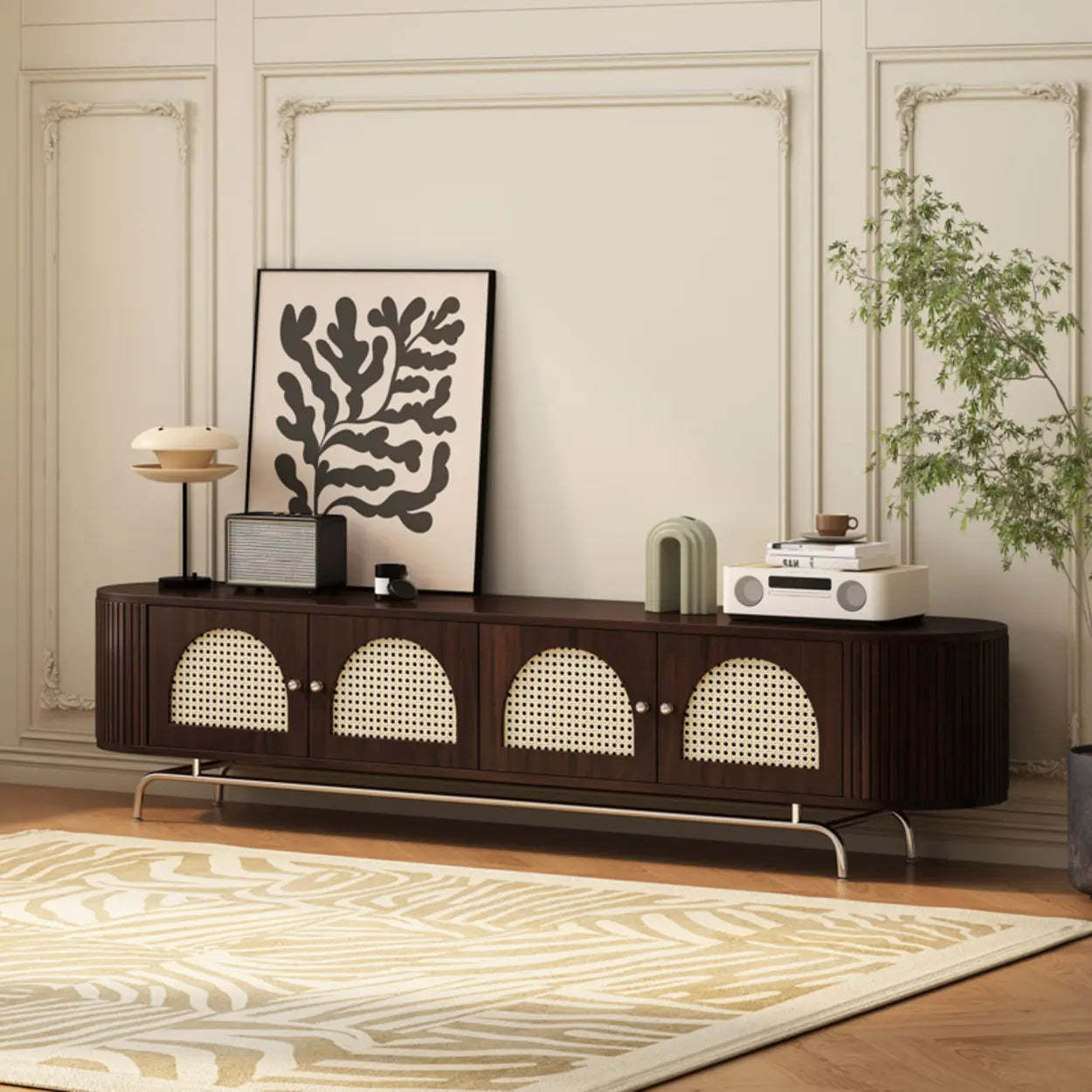 Mid-Century Rattan TV Stand with Storage — Nut-Brown