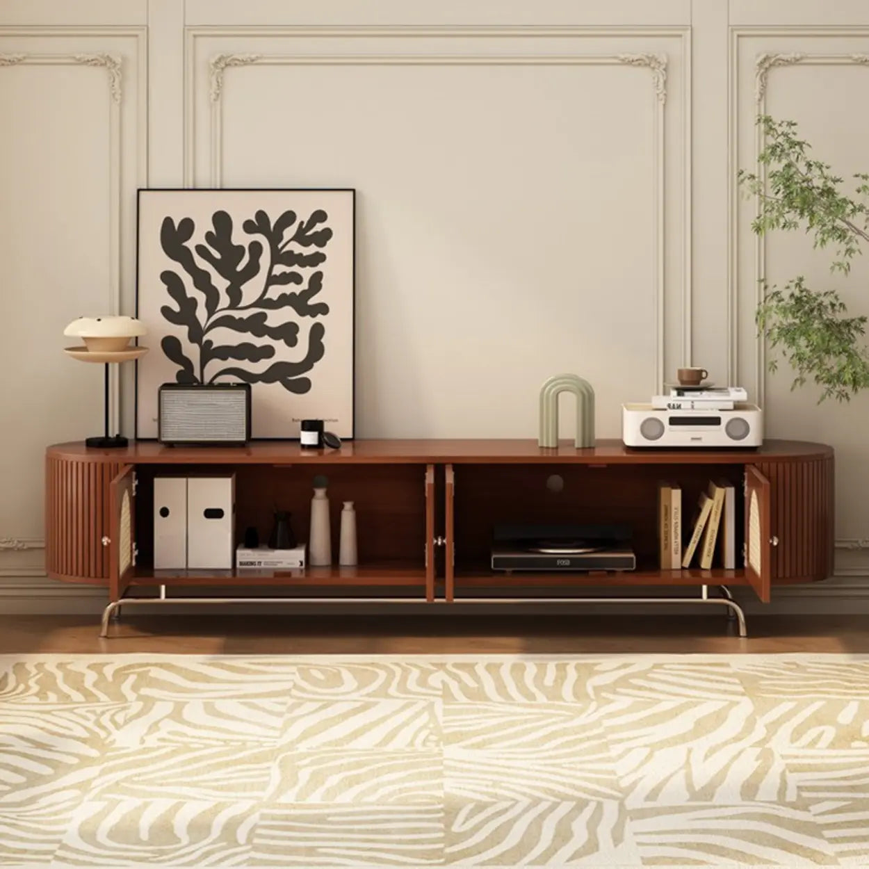 Mid-Century Rattan TV Stand with Storage — Black