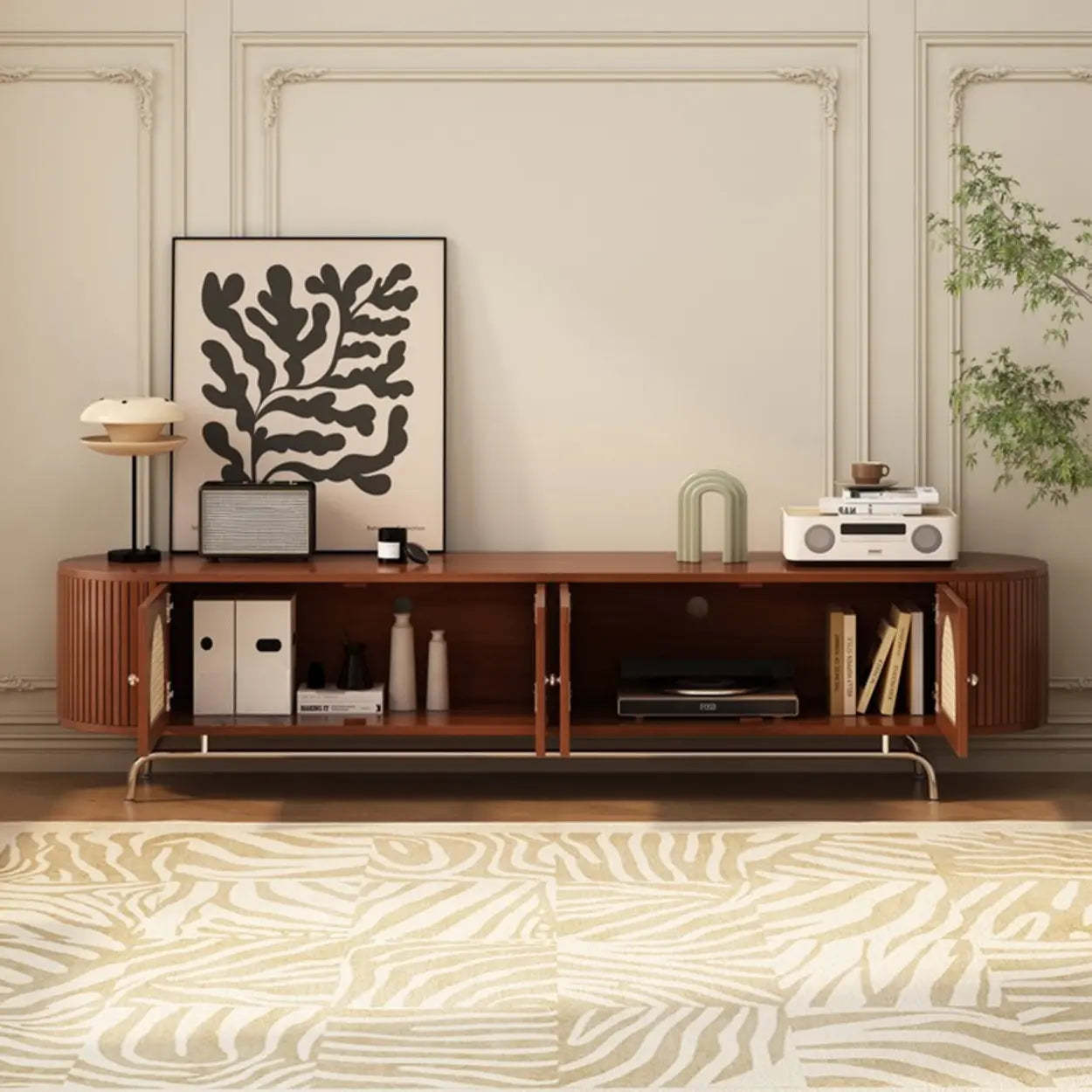 Mid-Century Rattan TV Stand with Storage — Black