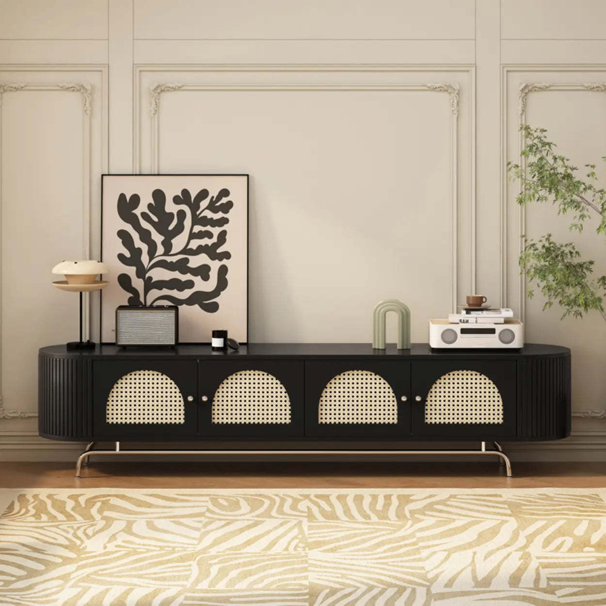 Lighom modern stand storage rattan tv stands — 71" L x 16" W x 20" H / Black