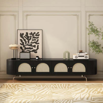 Mid-Century Rattan TV Stand with Storage — Brown