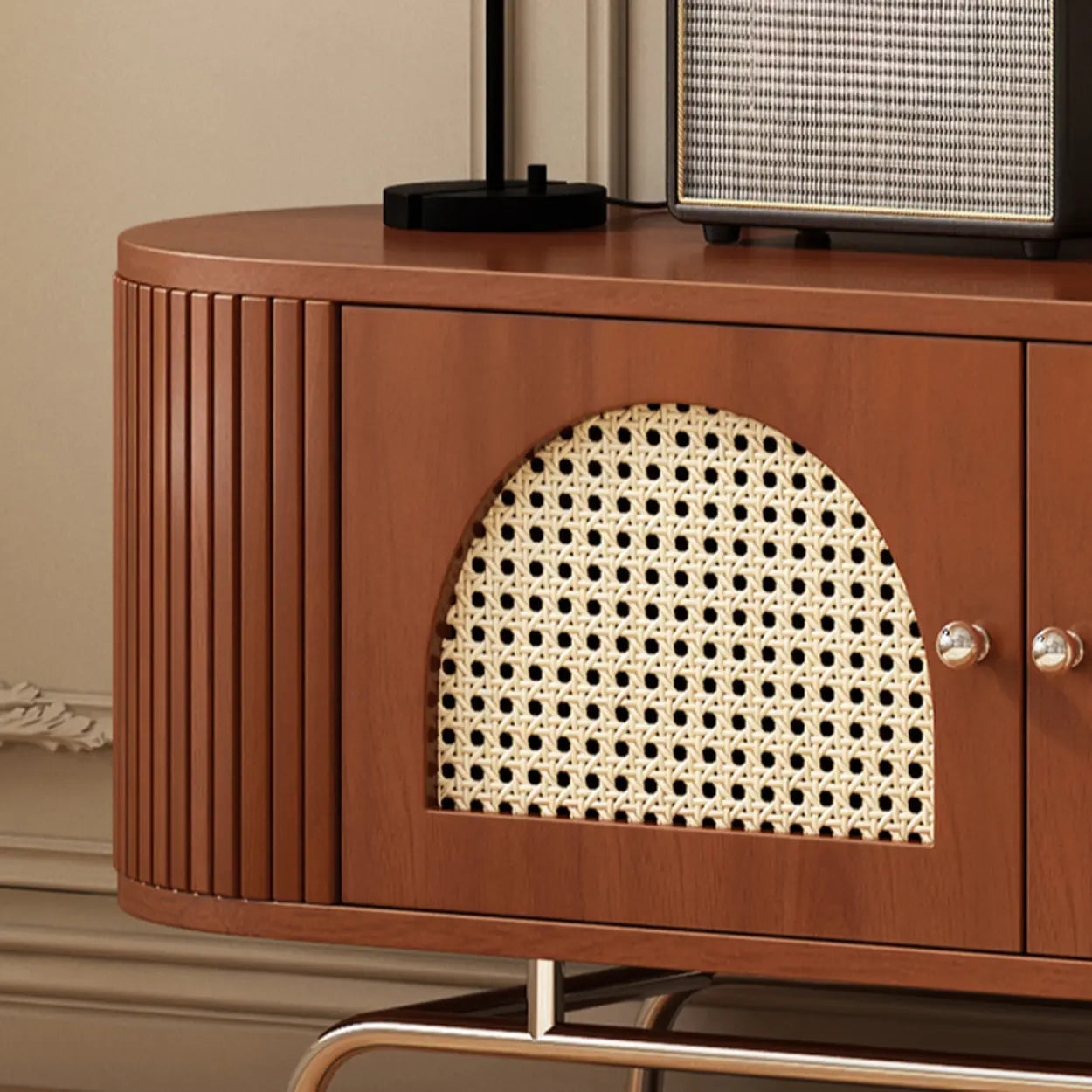 Mid-Century Rattan TV Stand with Storage — Nut-Brown