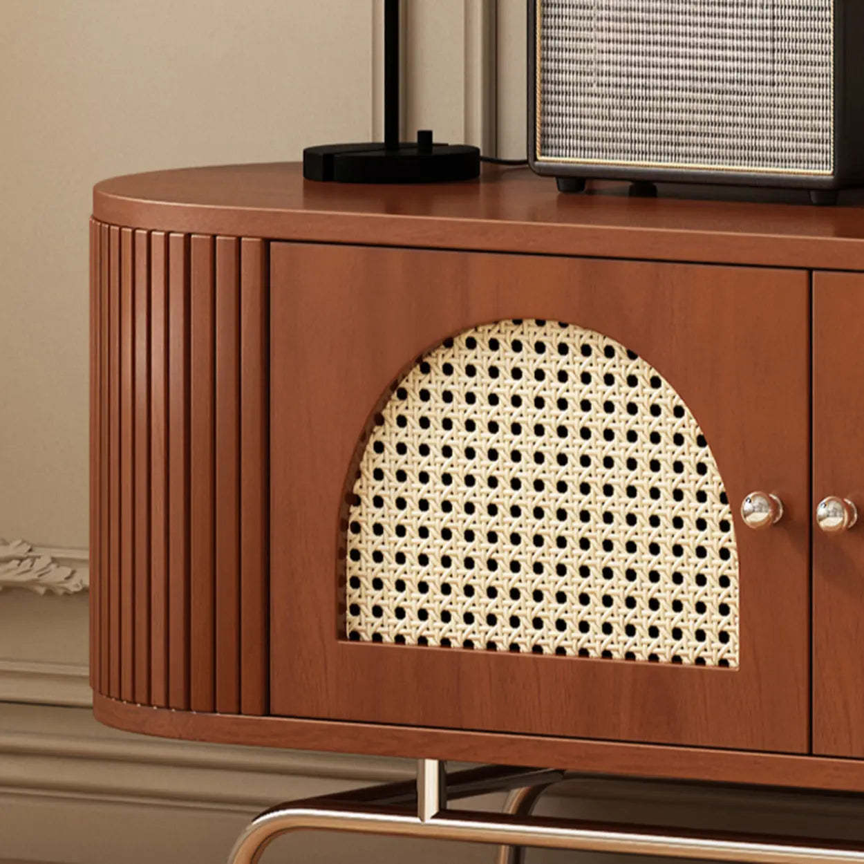 Mid-Century Rattan TV Stand with Storage — Nut-Brown