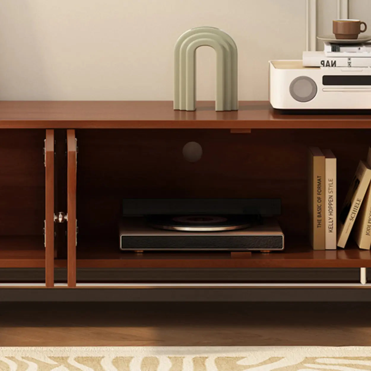 Mid-Century Rattan TV Stand with Storage — Black