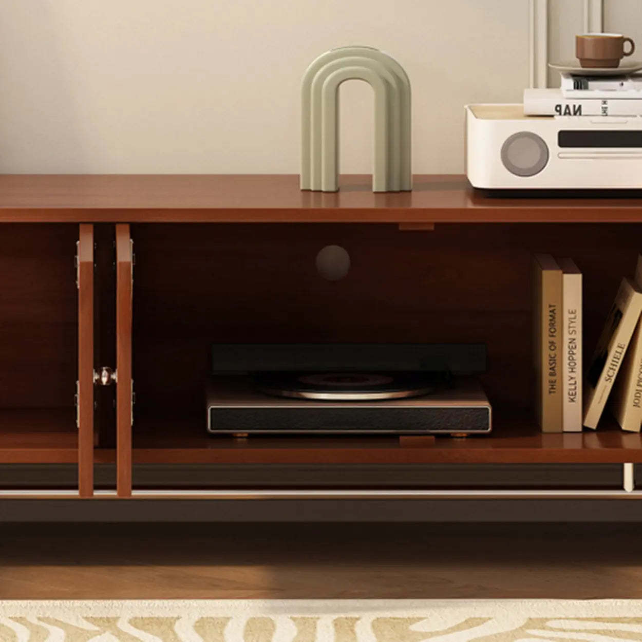 Mid-Century Rattan TV Stand with Storage — Black