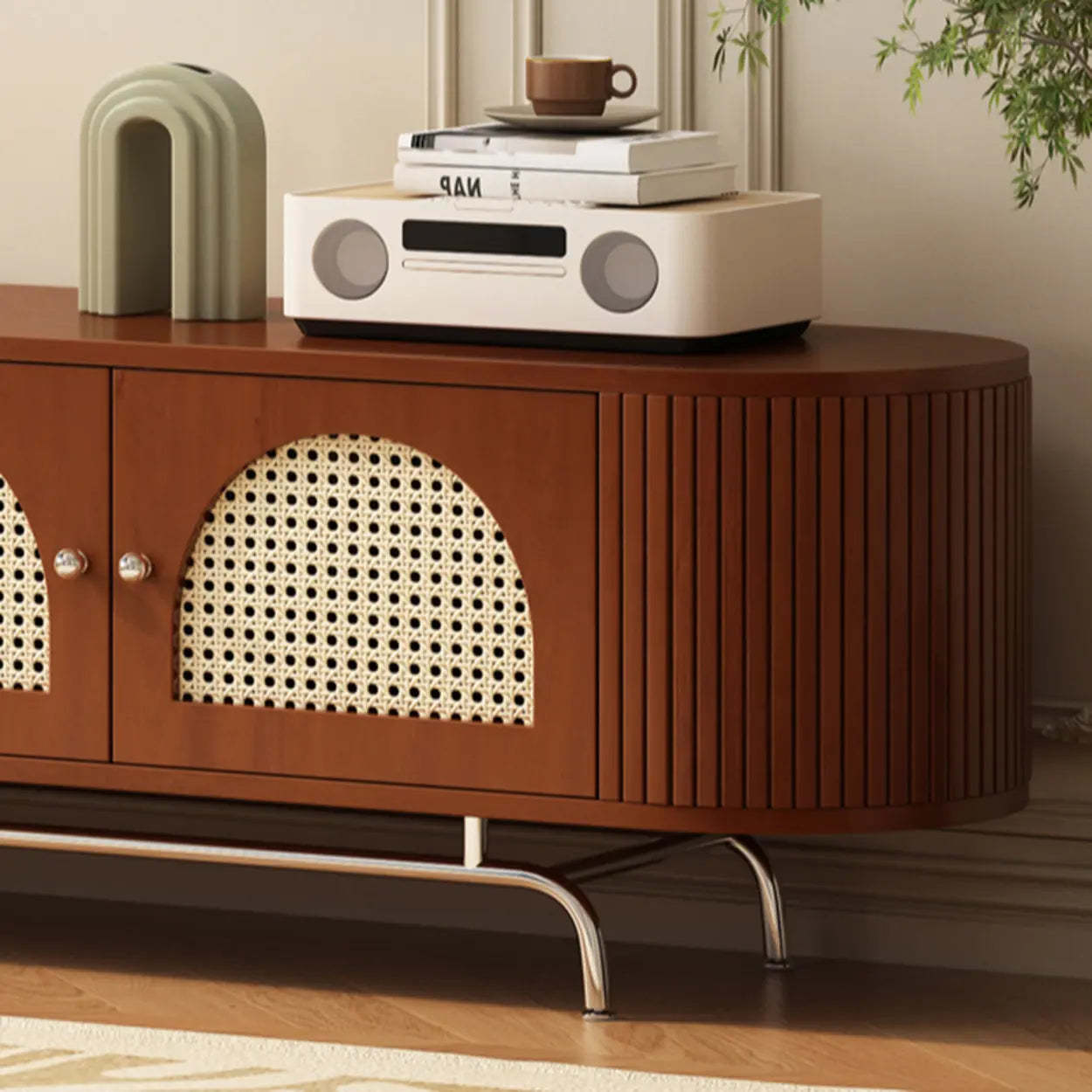 Mid-Century Rattan TV Stand with Storage — Brown