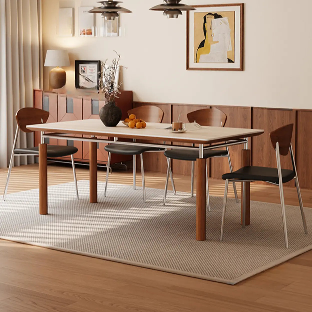 Mid-Century Rectangular Beige Stone Dining Table — Table Only
