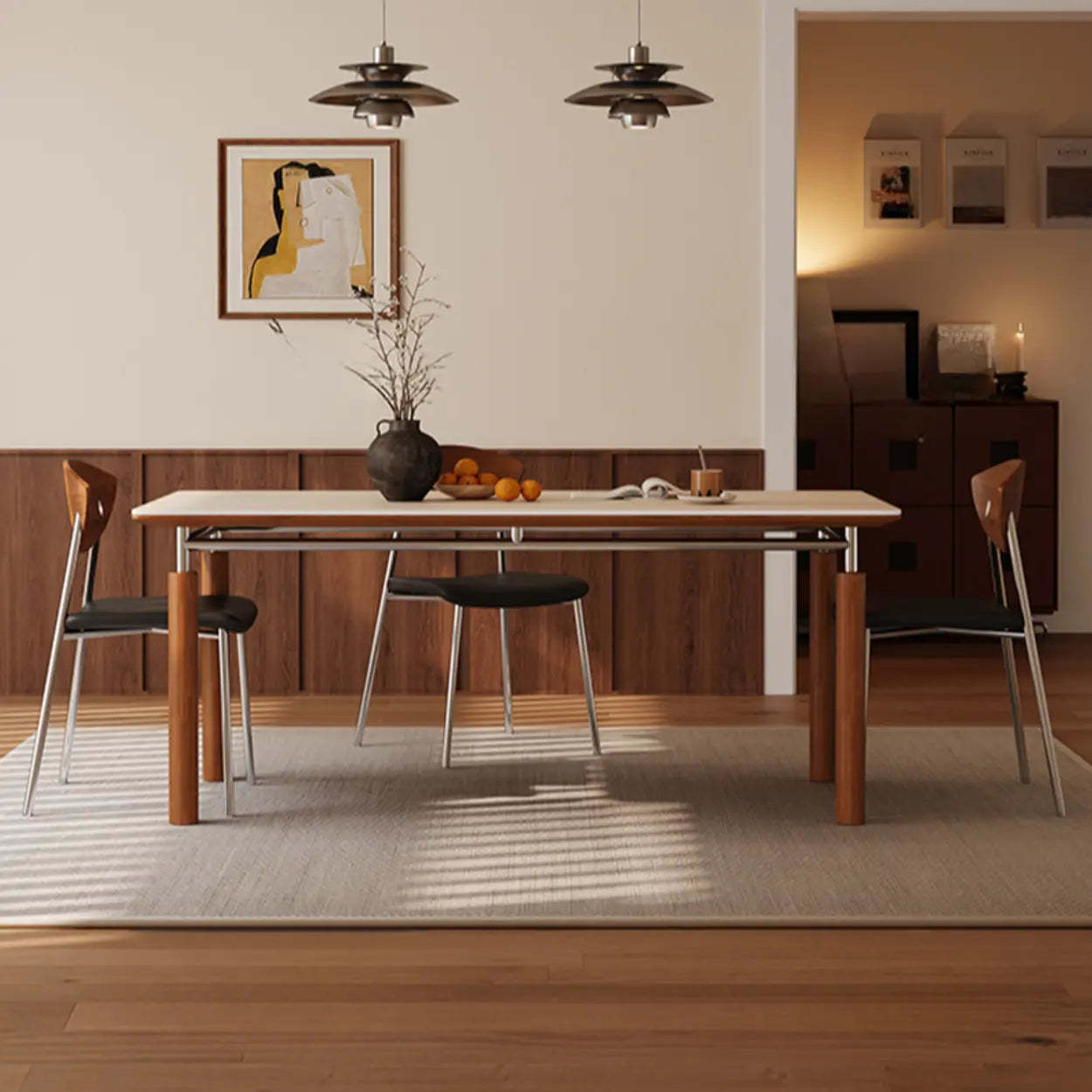 Mid-Century Rectangular Beige Stone Dining Table — Table Only