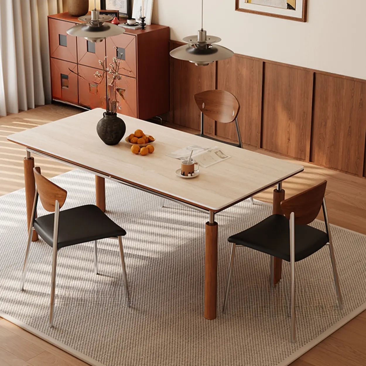 Mid-Century Rectangular Beige Stone Dining Table — Table Only