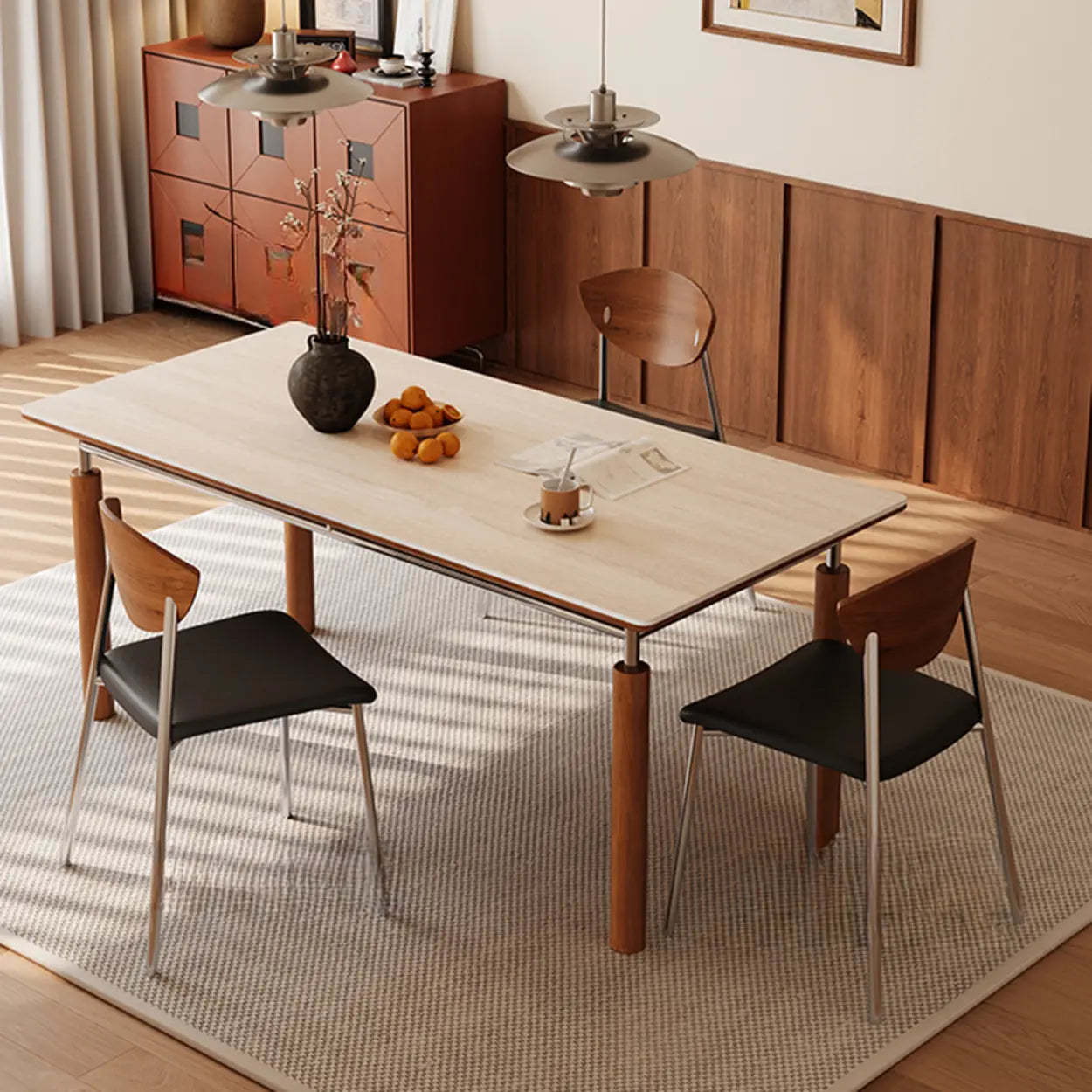Mid-Century Rectangular Beige Stone Dining Table — Table Only