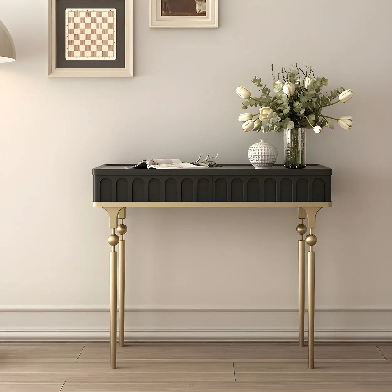Mid-Century Metal Leg Wood Console Table — Black