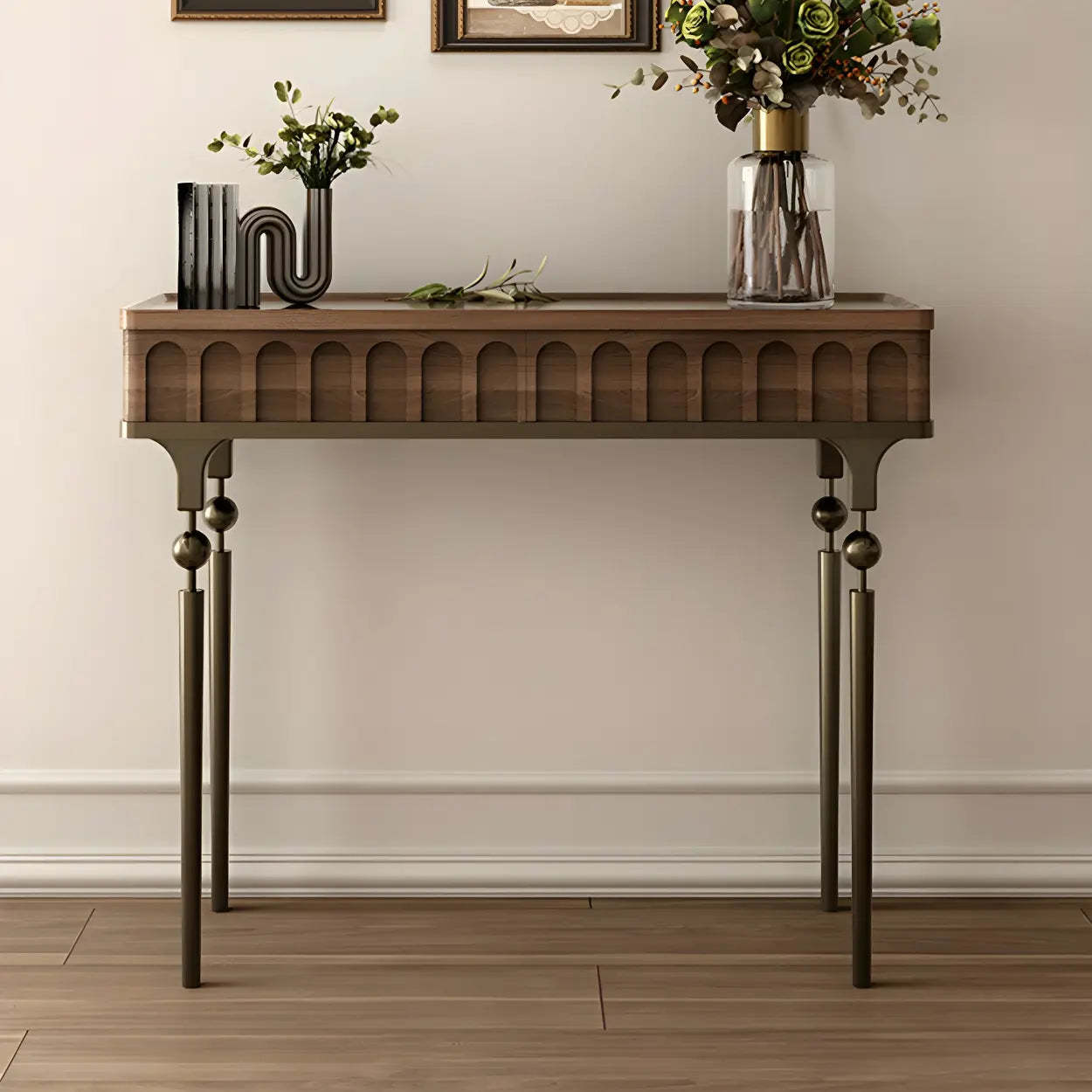 Mid-Century Metal Leg Wood Console Table