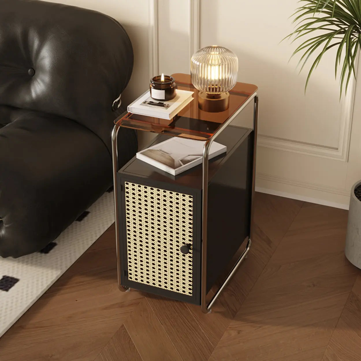 Mid-Century Rectangular Metal Side Table with Cabinet
