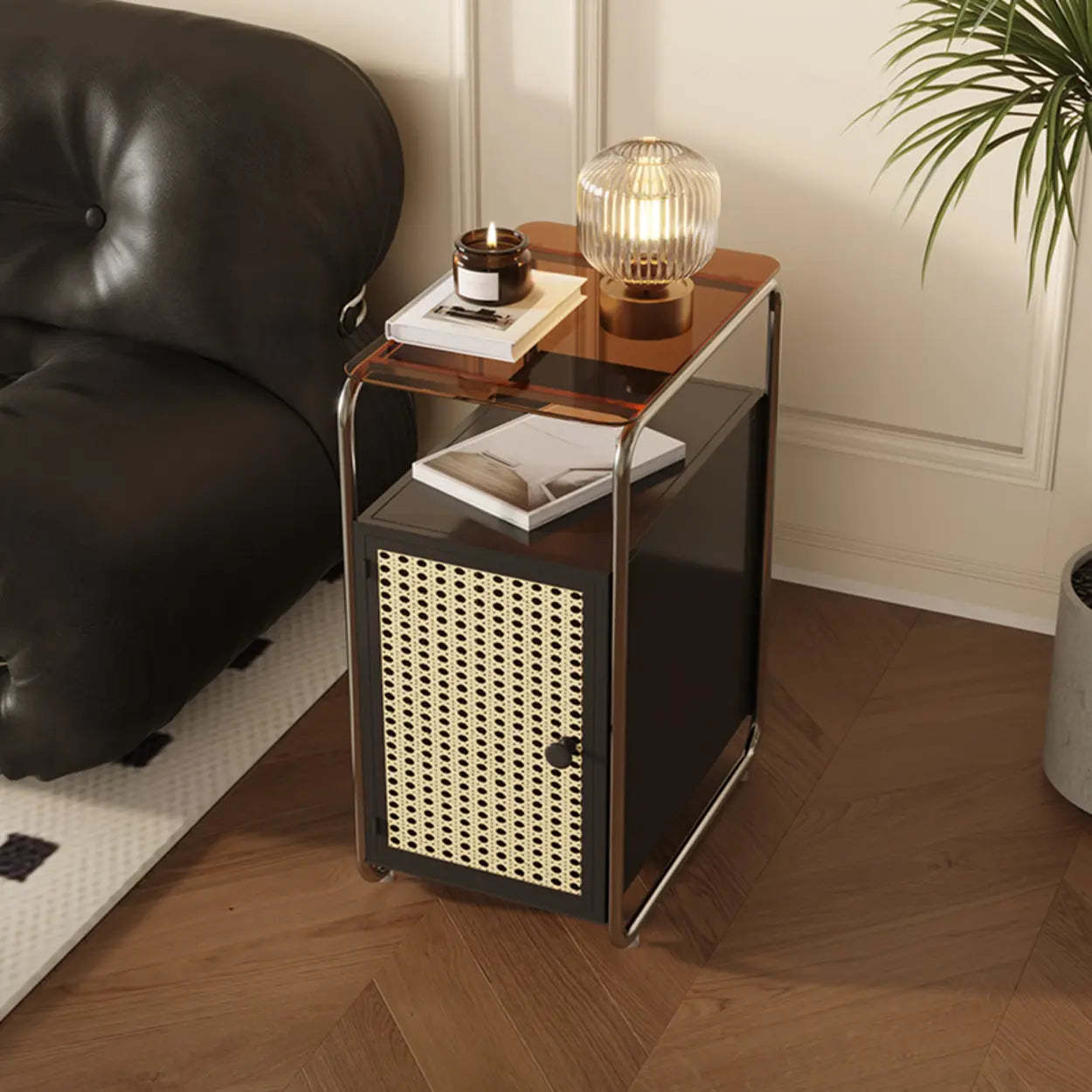 Mid-Century Rectangular Metal Side Table with Cabinet — Black