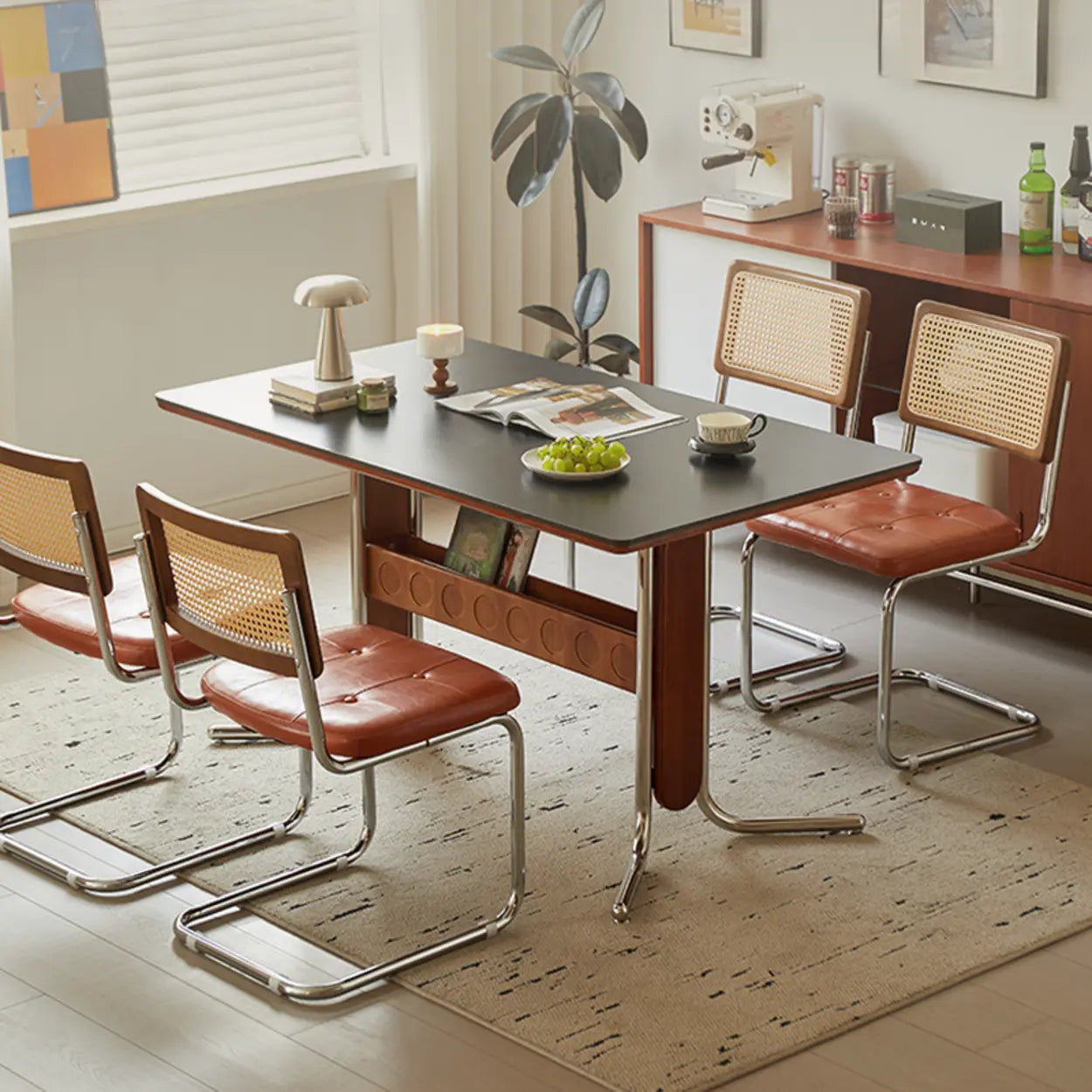 Mid-Century Stone Top Dining Table with Shelf