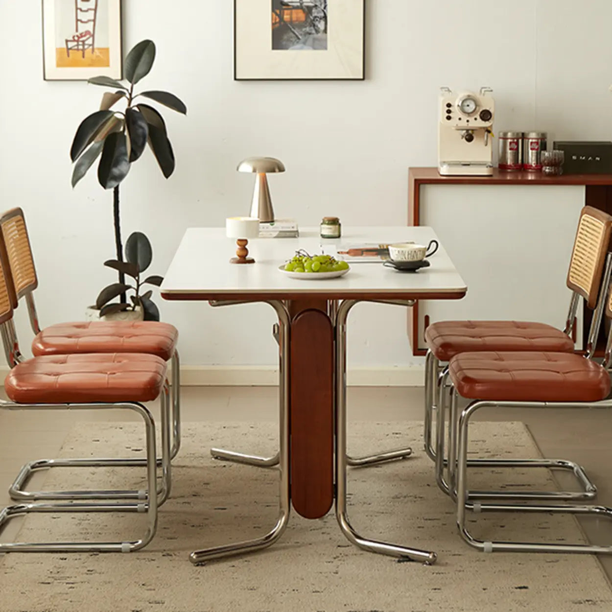 Mid-Century Stone Top Dining Table with Shelf — Black / Table Only