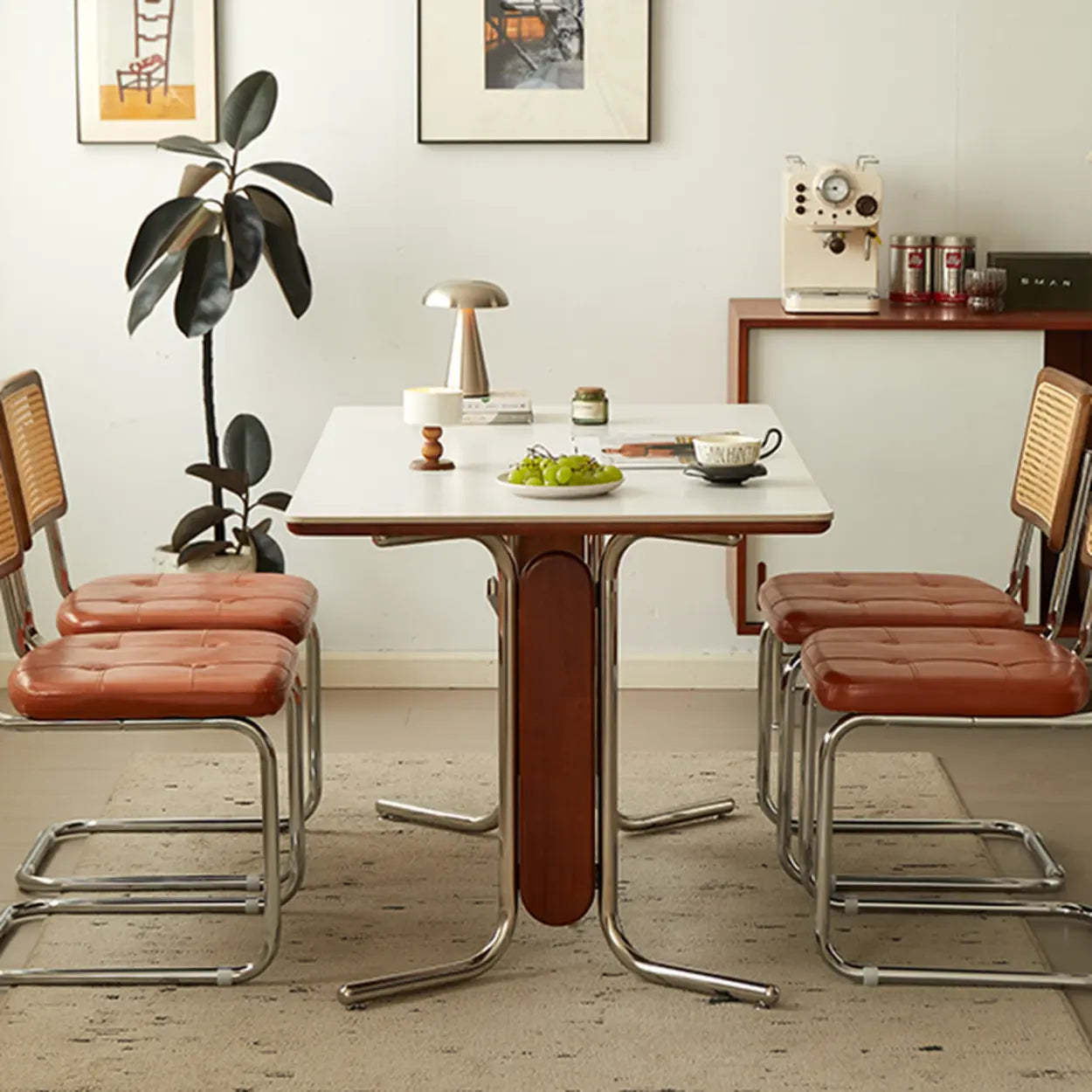 Mid-Century Stone Top Dining Table with Shelf — Black / Table Only